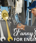 Engineer Gifts Spoon Set For Men beside mechanic working, showcases engraved spoons in gift box, ideal for builders and mechanics.