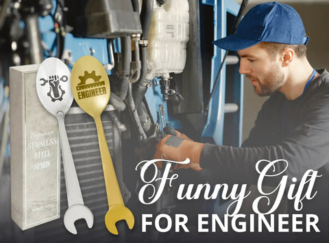 Engineer Gifts Spoon Set For Men beside mechanic working, showcases engraved spoons in gift box, ideal for builders and mechanics.