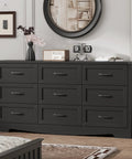 Slap Some Order On Your Room With This 63 Inch Wide Nine Drawer Bedroom Dresser Boasting Deep Storage Heavy Duty Handles Sleek Black Finish Modern TV Stand For Killer Organization.