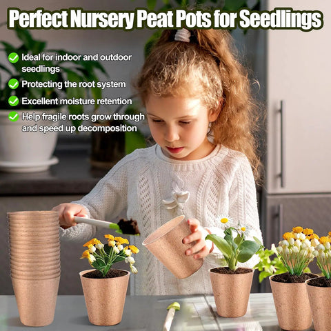 Child using 4 Inch Biodegradable Peat Pots Set Of 50 With Bonus 20 Plant Labels For Garden Germination Seed Starting