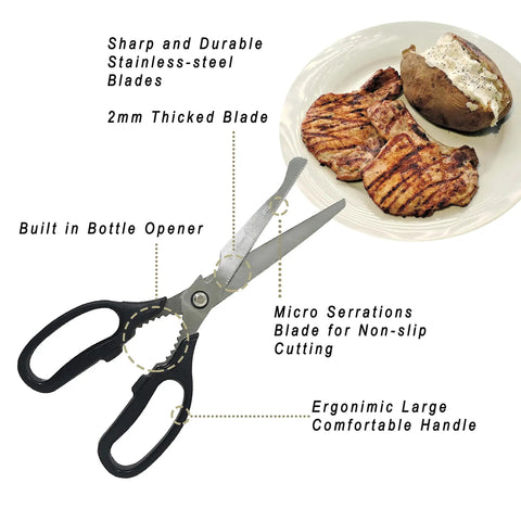 Big Ol Kalbi Meat Cutting Scissors For Korean BBQ And All Purpose Kitchen Tasks, stainless-steel shears with bottle opener and steak