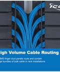 Close-up of blue cables organized with 2U Finger Duct Cable Manager Panel With Cover For 19 Inch Racks 3 Inch Depth Horizontal Cable Management