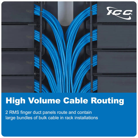 Close-up of blue cables organized with 2U Finger Duct Cable Manager Panel With Cover For 19 Inch Racks 3 Inch Depth Horizontal Cable Management