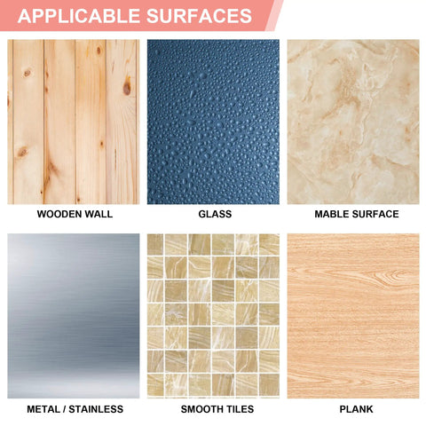 Applicable surfaces for Damage Free Adhesive Hooks Set With Sixteen Hooks And Thirty Two Strips Holds Up To Five Pounds Per Hook