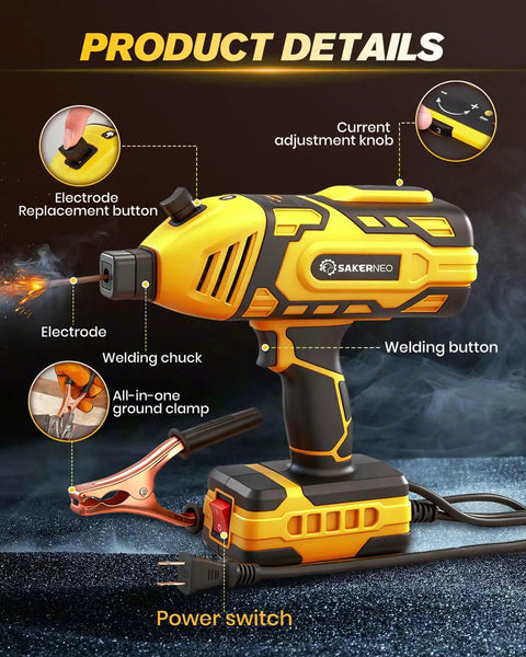 Ultra Portable 110V Handheld Stick Welder With IGBT Inverter, Five Stage Adjustable Current 20 To 120A, Yellow, close-up view.