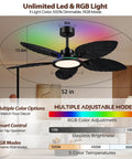 RGB Tropical Outdoor Palm Leaf Ceiling Fans with Light, 52” Black Flush Mount showcasing multiple color modes and adjustable brightness.
