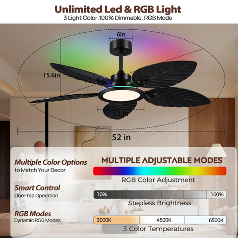 RGB Tropical Outdoor Palm Leaf Ceiling Fans with Light, 52” Black Flush Mount showcasing multiple color modes and adjustable brightness.