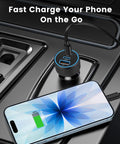67W Three Port USB C Car Charger With Dual USB C And USB A Fast Charging connected to charging phone in a car.