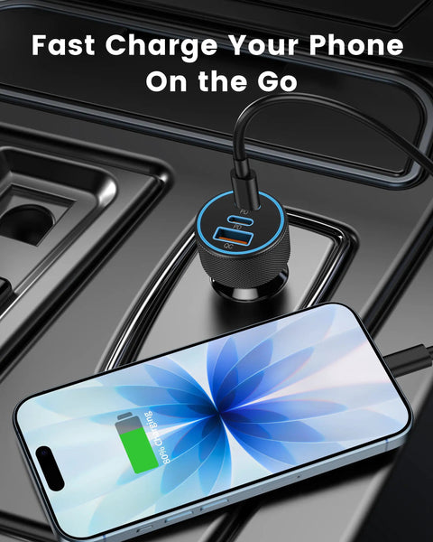 67W Three Port USB C Car Charger With Dual USB C And USB A Fast Charging connected to charging phone in a car.