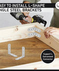 Person installing 20 Pack 90 Degree Angle Brackets For Wood And Metal 1.97 Inch By 1.97 Inch By 0.63 Inch 0.06 Inch Thick Galvanized Steel L Shape Corner Brace Plates With Six 0.16 Inch Holes Screws Not Included on wooden frame with drill