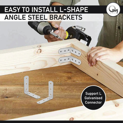 Person installing 20 Pack 90 Degree Angle Brackets For Wood And Metal 1.97 Inch By 1.97 Inch By 0.63 Inch 0.06 Inch Thick Galvanized Steel L Shape Corner Brace Plates With Six 0.16 Inch Holes Screws Not Included on wooden frame with drill