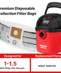 Disposable Vacuum Filter Bags For 1 To 1.5 Gallon Tanks, Dry Pick Up Only, White, 3 Pack with red Shop-Vac vacuum beside.