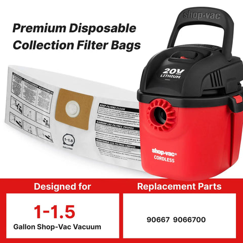 Disposable Vacuum Filter Bags For 1 To 1.5 Gallon Tanks, Dry Pick Up Only, White, 3 Pack with red Shop-Vac vacuum beside.