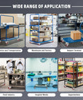 Collage showing various applications of Stainless Steel 3 Inch Caster Wheels With Brakes Heavy Duty 304 Stainless Casters Set Of 4 Anti Corrosion Industrial Castors For Furniture Labs Hospitals And Restaurants Rust Resistant in logistics, factories, seaports, food industry, hospital wards, and supermarkets.