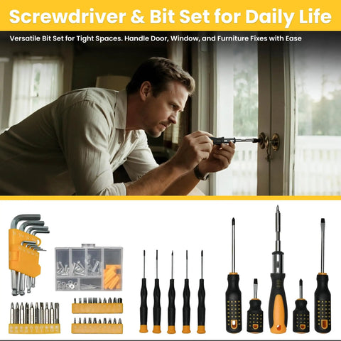Man using screwdriver from a set to fix door lock; includes multiple screwdrivers and bits for home repairs.