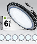 UFO LED High Bay Light 150W Dimmable, front view with 19,479 Lumens, 5000K Daylight, 6-pack box, waterproof IP69K design