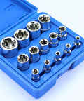 14-Piece Female E-Torx Socket Set With E4 Through E24 External Star Sockets For One Quarter Inch, Three Eighth Inch, And One Half Inch Drives, Pro Grade Cr-V Steel, Compatible With Regular And E-Torx Plus, Auto Repair Kit With Storage Case in blue case.