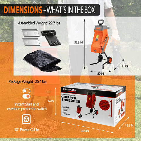 15 Amp Electric Wood Chipper Shredder With Collection Bag And Push Stick shown with dimensions and packaging