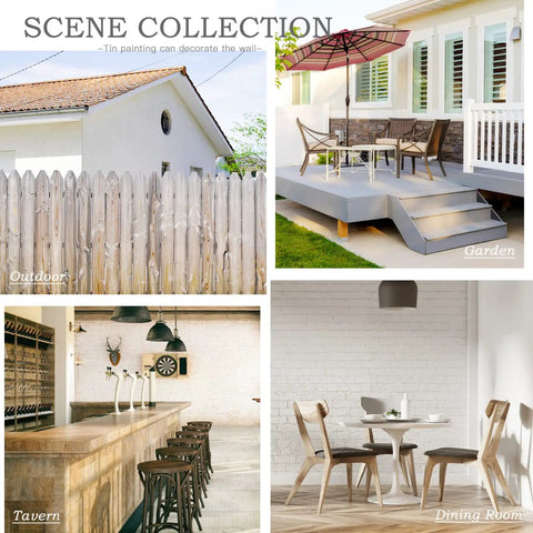 Collage of four scenes: outdoor fence, garden patio, tavern bar, dining room. Suggested decor locations for the "Keep It Safe Must Be Worn At All Times Danger Metal Tin Sign 8x12 Inch Industrial Safety Wall Decor Plaque For Factories Warehouses Workshops Indoor Outdoor Display."