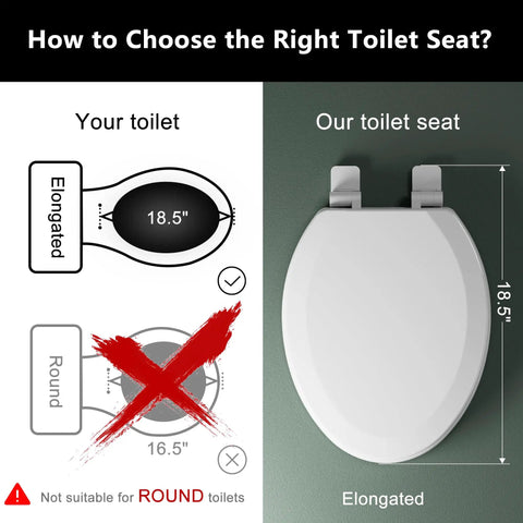 Illustration showing how to choose Top Shelf Molded Wood Toilet Seat Slow Close Lid High Gloss White Elongated Shape.