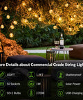 Outdoor setup with 100Ft Solar String Lights With 52 LED Globe Bulbs, Warm 2700K Glow, hanging in a garden over seating area.