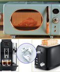 Mini fixed caster wheels 1-inch with screws: close-up of hardware; collage shows toaster, coffee maker, and microwave.