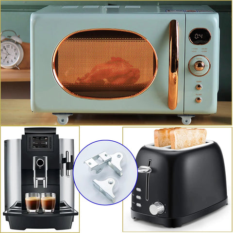 Mini fixed caster wheels 1-inch with screws: close-up of hardware; collage shows toaster, coffee maker, and microwave.