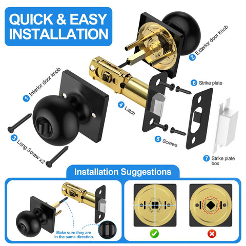 Installation guide for 10 Pack Matte Black Privacy Door Knobs With Keyless Interior Locks For Bedrooms And Bathrooms ANSI Grade 3.