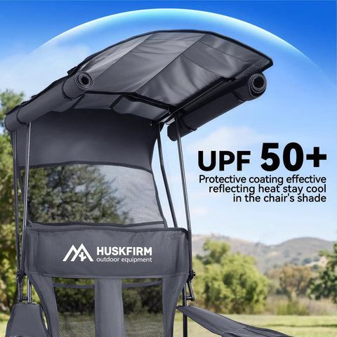Grab And Go Camping Chair With Canopy Shade And UPF Fifty Plus Protection showing UPF 50+ canopy and brand logo.