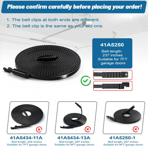 237 Inch Whisper Drive Belt for 7ft Garage Doors Replacement with belt clips, showing compatibility and correct installation.