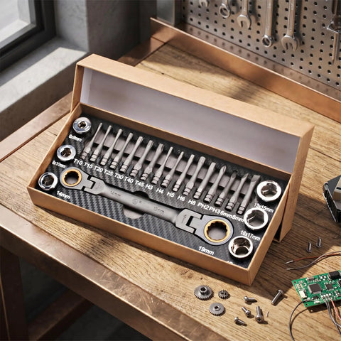 23 Piece Flexible Head Ratchet Socket Wrench Set With Heavy Duty CRV Steel All In One Repair Tool Kit Includes Screwdriver Bits