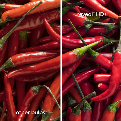 Comparison of chili peppers under regular bulbs and Reveal HD+ lighting