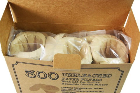 Open box showing 300 unbleached paper filters with lid for Keurig K Cup single serve brewers fits Ekobrew EZ Cup and other reusable filters.