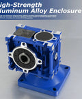 Solid 120W AC Worm Gear Motor Featuring Massive 18Nm Torque And A Smooth Variable Speed Controller For Adjustable 90-1600Rpm Operation Plus Tough Aluminum Build For Heavy Duty Industrial Jobs That Last close-up of blue aluminum alloy gearbox with mounting base and labeling.