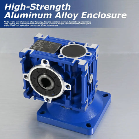 Solid 120W AC Worm Gear Motor Featuring Massive 18Nm Torque And A Smooth Variable Speed Controller For Adjustable 90-1600Rpm Operation Plus Tough Aluminum Build For Heavy Duty Industrial Jobs That Last close-up of blue aluminum alloy gearbox with mounting base and labeling.