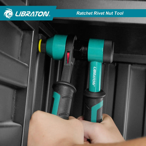 Pro Grade Rivet Nut Tool Kit With Ratchet Action For Auto Projects being used on dark metal panel