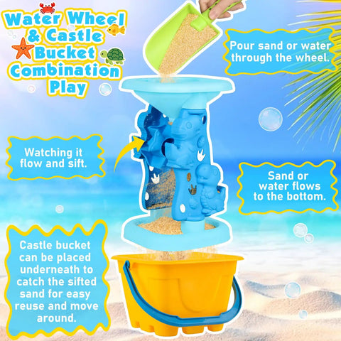 Kiddo Friendly 28 Piece Beach Sand Toys Set for Kids Toddlers Ages 3 10 Water Wheel Bucket Combo