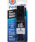 Black Plastic Weld Adhesive For Plastics Ceramics And Wood, 0.84 Fl Oz, in its packaging showing details on curing and strength.