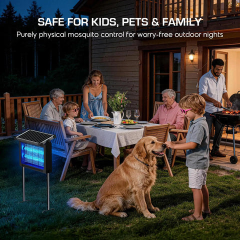 Family enjoying outdoor dinner on patio with Cordless Solar Bug Zapper With USB Recharge No Fuss 4500V High Power Mosquito Killer nearby.