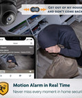 Indoor Wireless Security Camera With Pan Tilt And WiFi App Control showing motion detection alerts on a smartphone during a break-in