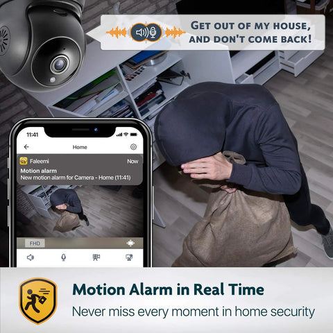 Indoor Wireless Security Camera With Pan Tilt And WiFi App Control showing motion detection alerts on a smartphone during a break-in