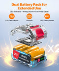 Dual battery pack showing 21V lithium battery with 3000mAh capacity for cordless brushless leaf blower.