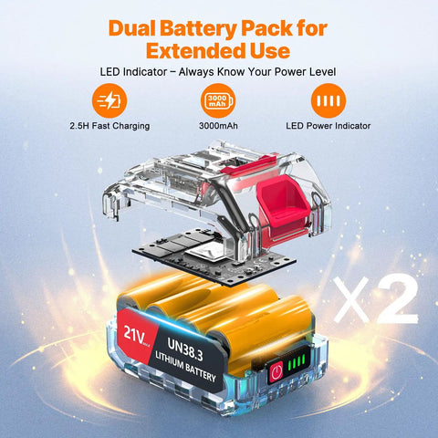 Dual battery pack showing 21V lithium battery with 3000mAh capacity for cordless brushless leaf blower.