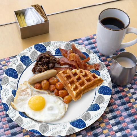 Big 10 Inch Disposable Paper Plates Pack, 140 Count, Perfect For Family Gatherings, Parties, Picnics And Everyday Use, Easy Cleanup No Mess Dinnerware featuring breakfast.