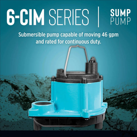 6-CIM-R 115V Submersible Sump Pump 1/3 HP 2750 GPH Workhorse Manual No Switch, epoxy-coated, non-clog impeller