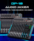 10 Channel Audio Mixer For Home Studio With USB 99 DSP Reverb 7 Band EQ 48V Phantom Power One Click Mute ROHM Op Amp DP 10