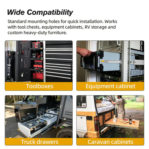 Heavy Duty Locking Drawer Slides With Full Extension Design and Smooth Glide Action Built Tough for Zero Hassle Mounting in toolboxes.