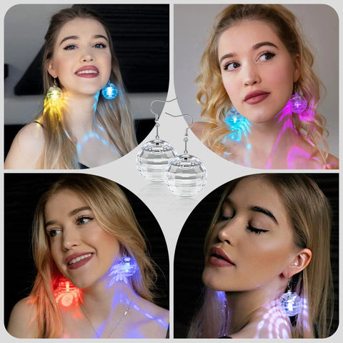 Women wearing Disco Ball LED Earrings With 16 Color Modes, featuring various light effects, perfect for raves and dance nights.