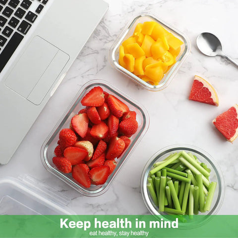 24 Piece Borosilicate Glass Food Storage Set With Snap Locking Lids Airtight Meal Prep Containers shown with fruits and veggies.