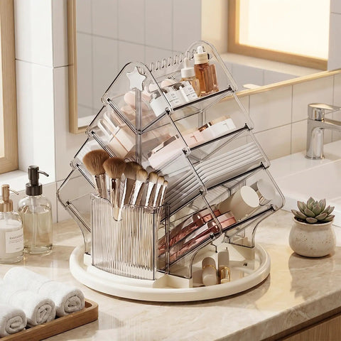 Sturdy Clear Swivel Makeup Organizer, 360 Slick Spin Lazy Susan Tray For Vanities, beauty products and brushes organized.